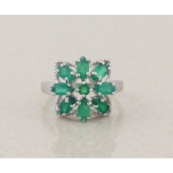 Sterling Silver Natural Green Onyx Flower Ring Size 7 3/4 - Picture 1 of 8